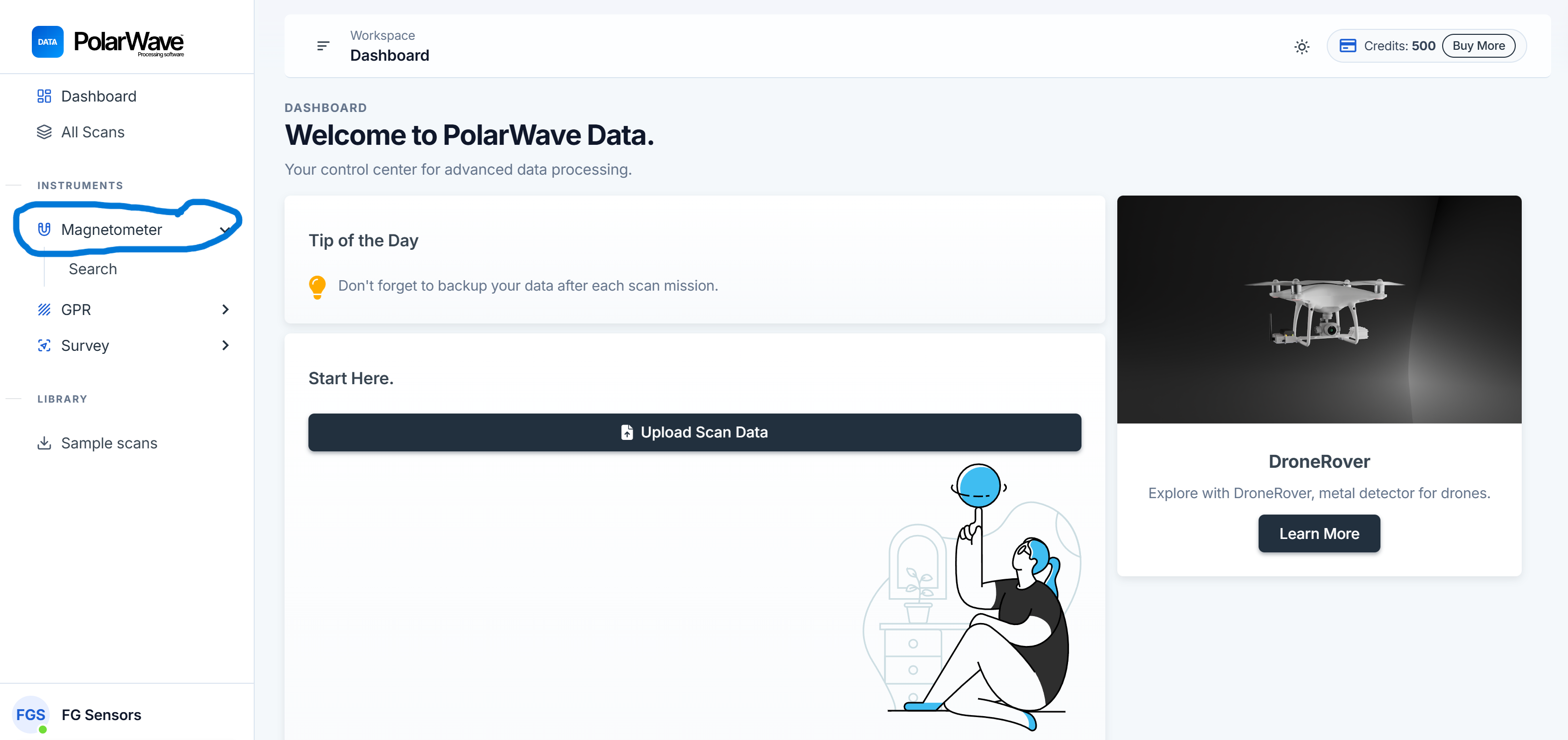 Dashboard — click Magnetometer in the left sidebar