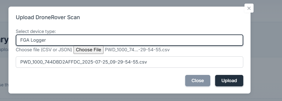 Menu déroulant Type d'appareil pour FGA Logger